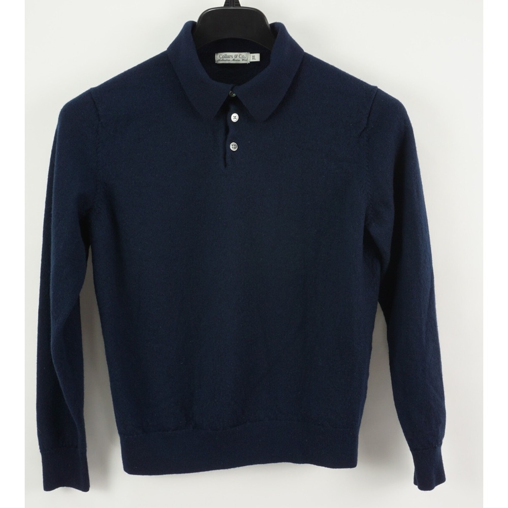 Collars & Co Australian Merino Wool Polo Sweater Women's XL Navy Blue Knit
